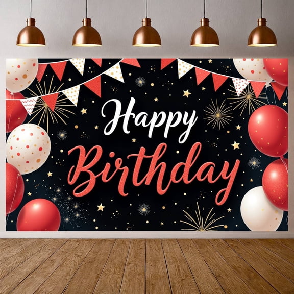 Red Balloons Banner Gold Stars Birthday Party Backdrop Firework Design Triangular Flags Festive Celebration Display for Birthday Party Indoor Decoration Photo Backdrop