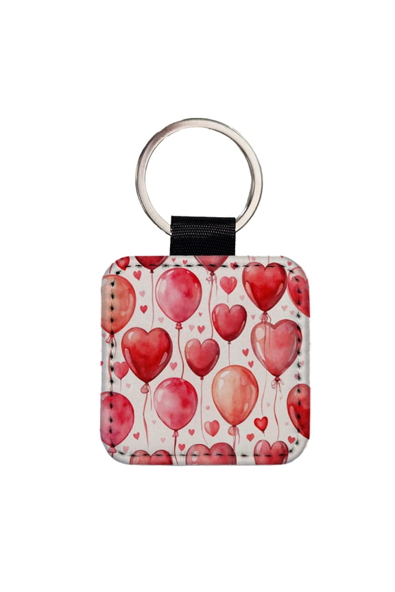 Red Balloons Hearts Watercolor Love Anniversary Faux Leather Square Keychain