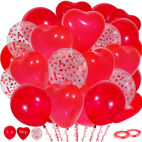 Red Balloons, Latex Heart and Confetti Balloons with Red Ribbon for Birthday Graduation Valentines Christmas Wedding Party Decorations