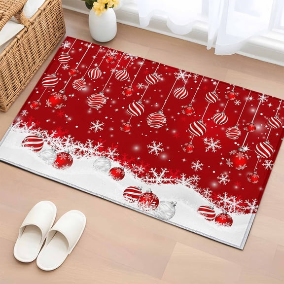 Red Balls Christmas Bathroom Rug Washable 2x3 Entryway Rug Non Slip Christmas Ball Snowflake Xmas Front Door Mat Low Pile Indoor Doormat Throw Floor Carpet for Kitchen Bedroom Entrance