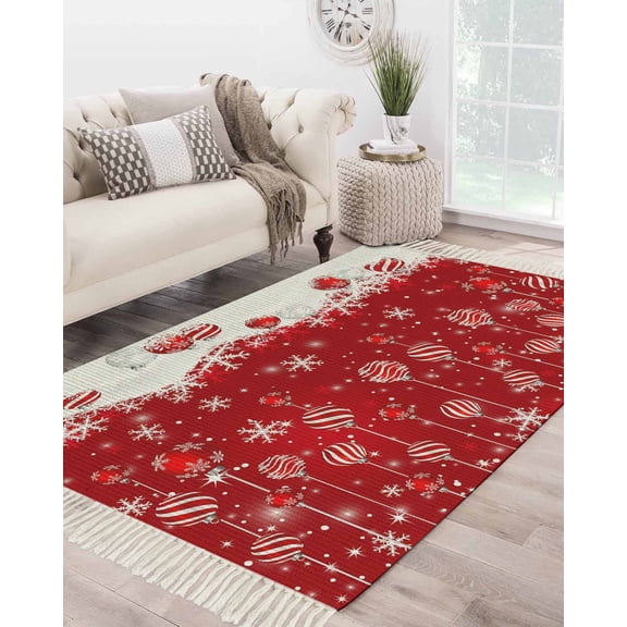 Red Balls Christmas Large Area Rug 4x6ft Woven Runner Rug,Christmas Ball Snowflake Xmas Washable Living Room Bedroom Kitchen Bathroom Classroom Carpet with Tassels,Indoor Outdoor Throw Door Mat