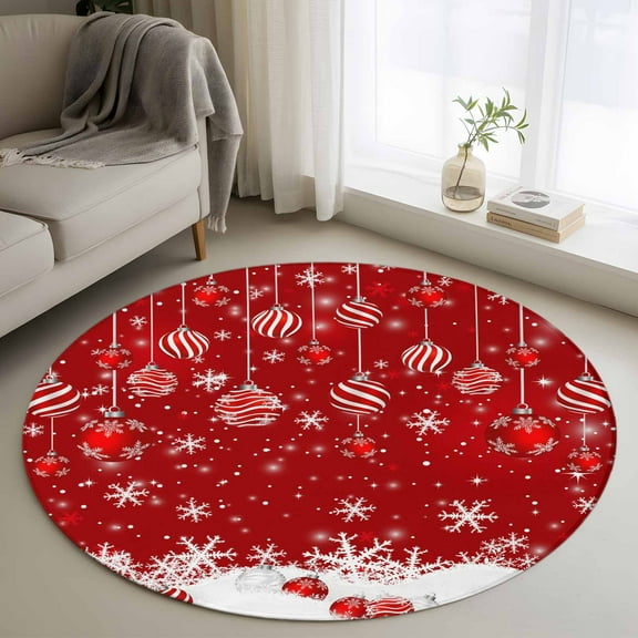 Red Balls Christmas Round Rug 3ft Washable Circle Entryway Rugs Non Slip Christmas Ball Snowflake Xmas Area Rug Indoor Floor Carpet for Bedroom Kitchen Living Room Home Office Dining Room Nursery