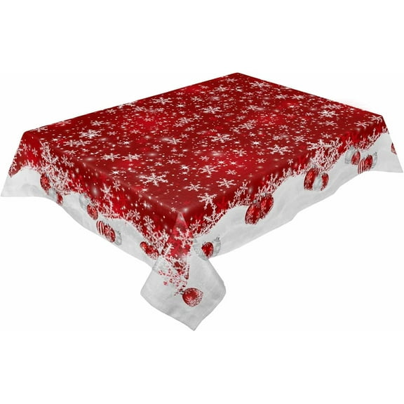 Red Balls Christmas Snowflake Tablecloth Rectangle Round Table Cloth 60x102 Inch, Winter Indoor or Outdoor Tablecloth, Waterproof Fabric Table Cover for Party Holiday Picnic Kitchen Xmas Decorations