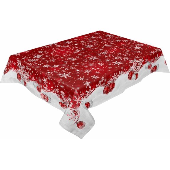 Red Balls Christmas Snowflake Tablecloth Rectangle Round Table Cloth 60x84 Inch, Winter Indoor or Outdoor Tablecloth, Waterproof Fabric Table Cover for Party Holiday Picnic Kitchen Xmas Decorations