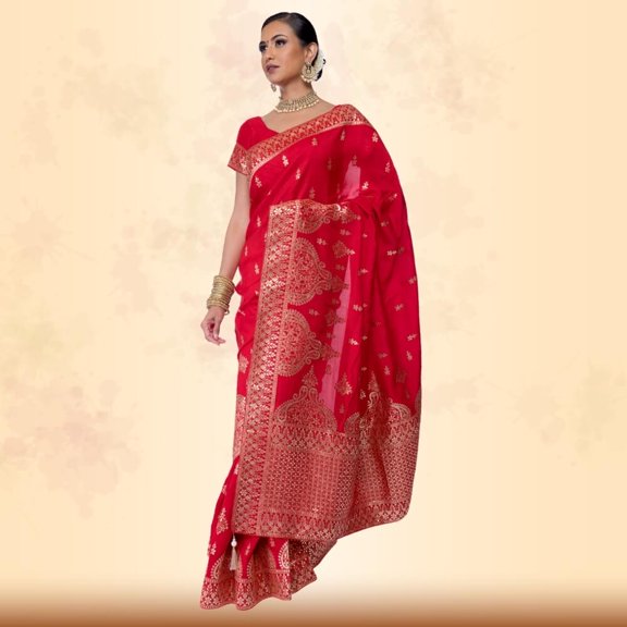Red Banarasi Silk saree with Gold gota patti print Size: XXS, Color: Red