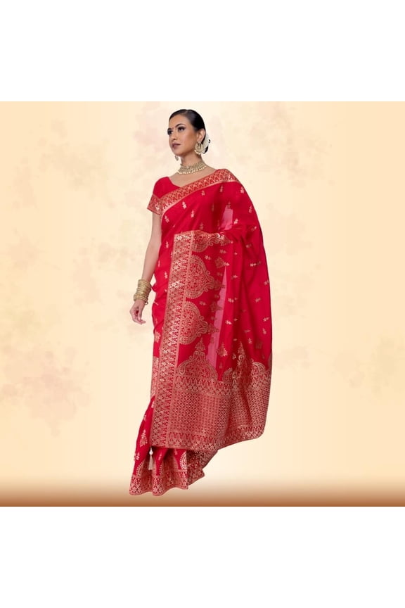 Red Banarasi Silk saree with Gold gota patti print Size: XXS, Color: Red