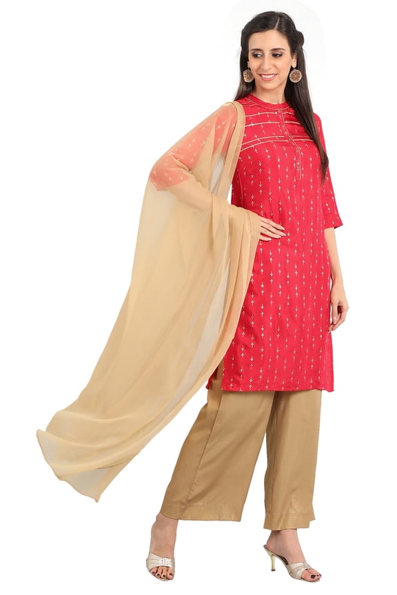 Red Band Collar Printed Kurta-X Small