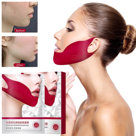 Red Bandage V-Face Facial Mask - 5pc Set for Double Chin Reduction, Moisturizing & Tightening, 15ml per Mask, with Ear Hooks for Firming & Shaping Facial Contour