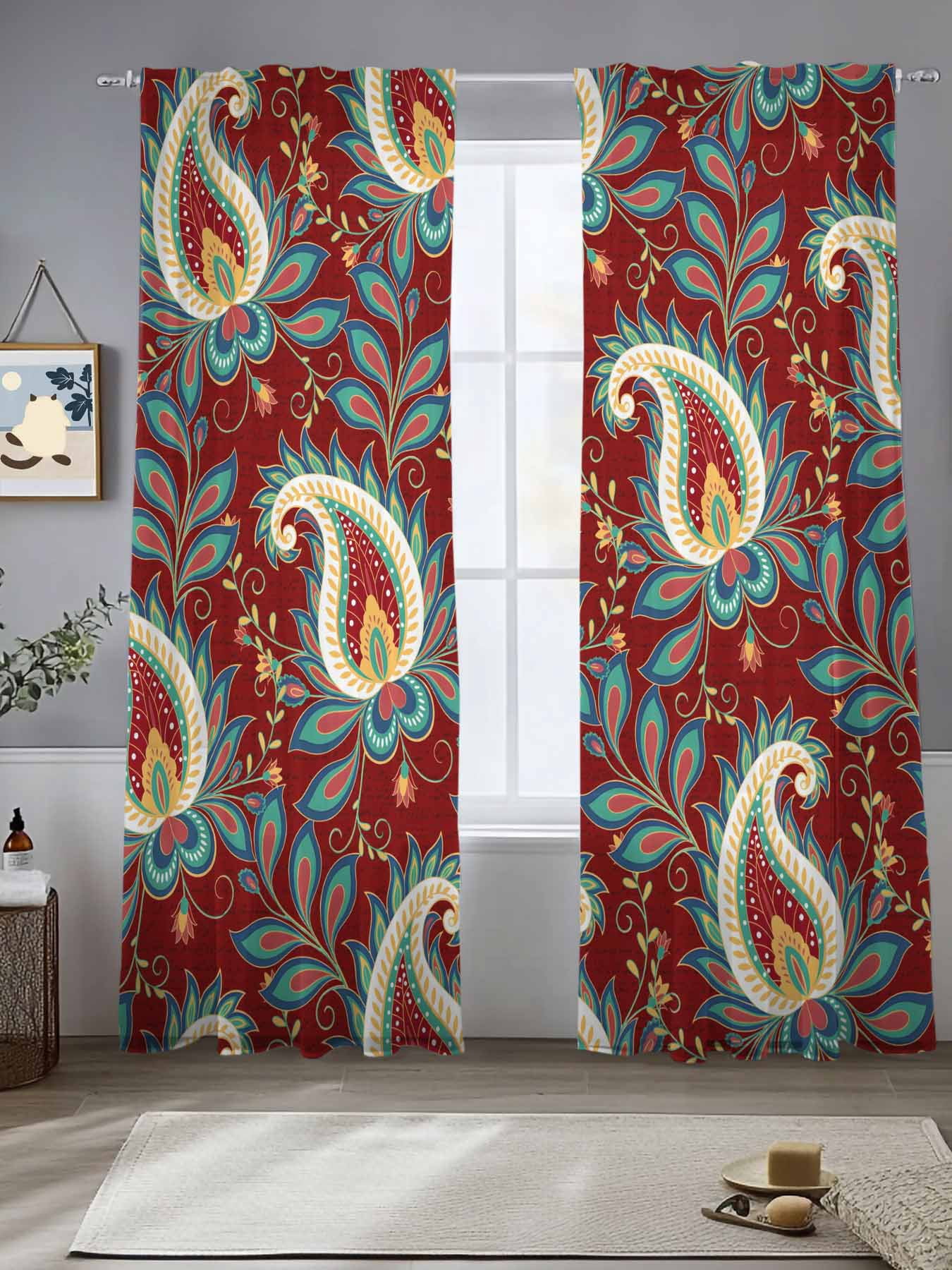 Red Bandanna Sheer Curtains 84 Inches Long 2 Panels Ethnic Indian Style ...