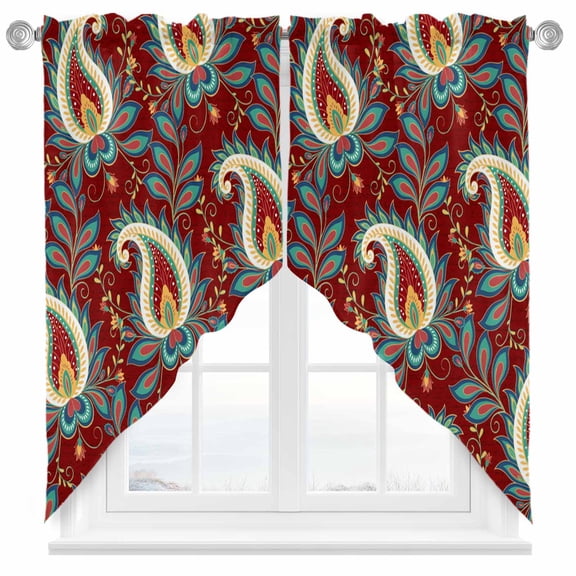 Red Bandanna Swag Kitchen Curtain Valances, Ethnic Indian Style Rod Pocket Curtains Window Treatment Decor Valances for Bedroom Bathroom, 2 Panels 36 x 63 Inch