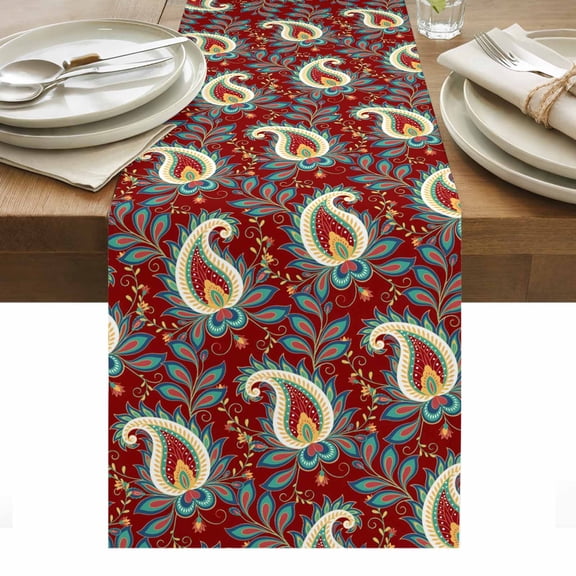 Red Bandanna Table Runner 13 x 36 Inch, Ethnic Indian Style Washable Cotton Linen Dining Table Runner Tabletop Decorations for Restaurant Home Kitchen Party