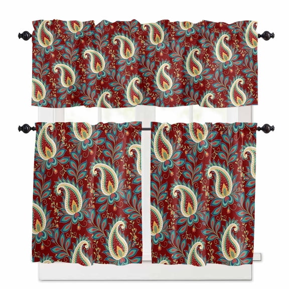 Red Bandanna Window Curtains Valance Set of 3 Ethnic Indian Style Retro Country Rod Pocket Small Kitchen Curtain, Soft Window Treatment for Bedroom Party Holiday Decor