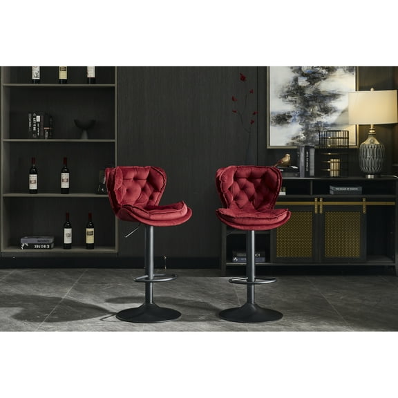 Red Bar Stools Of 2, Adjustable Height With Lift Handle, Velvet Seat Pad, Foam Filled, Metal Base, 360° Swivel, Non-slip Bottom, For Kitchen Use 2 Chairs, And Rotating, Upholstery, Padding, Strong