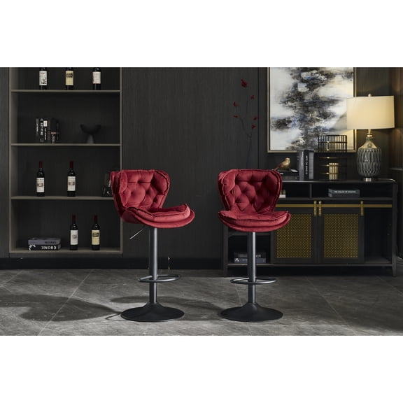 Red Bar Stools Of 2, Adjustable In Height And Swiveling, Velvet Seat Pad, Foam Filled, Metal Frame, Non-slip Base, For & Kitchen 2 Chairs, Mechanism, Cover, Filled Padding, 360° Swivel Strong Feet,