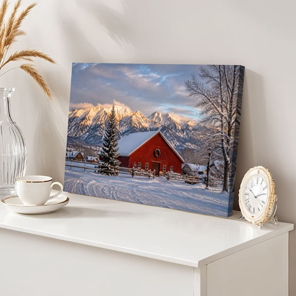 Red Barn 12"x16" Wall Art Snow Mountain Sunlit Peaks Charming Canvas Wall Decor for Living Room Bedroom Modern Abstract Painting Prints Aesthetic Framed Artwork Home Decor
