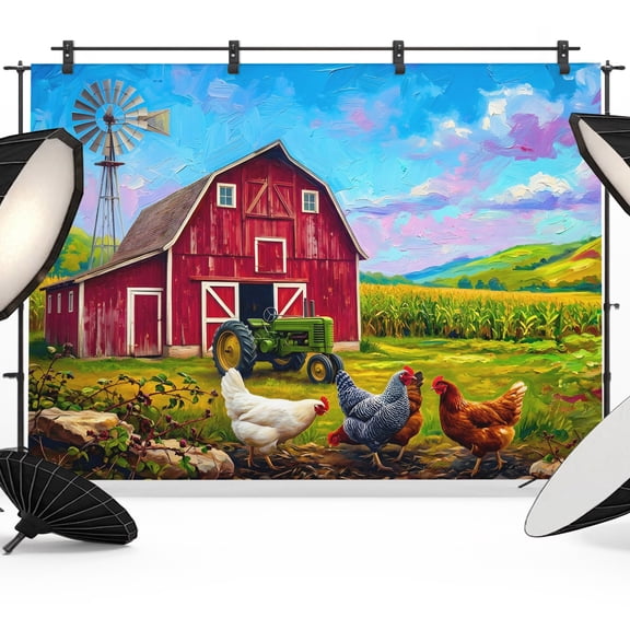 Red Barn Backdrops for Photography, Chickens Rooster Windmill Farmhouse Sunflowers Rustic Fabric Photo Background Sturdy Studio Props for Photo Studio, Video Recording, Booth & Photoshoot 7x5ft