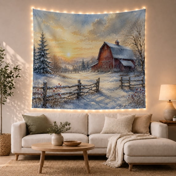 Red Barn Beyond a Snowy Split-Rail Fence, Nostalgic Watercolor for Nature Lovers, Rural Winter Art, Housewarming Gift, Tapestry Wall Hanging for Bedroom and Living Room