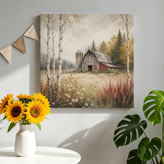 Red Barn Canvas Wall Art for Living Room, Rustic Farmhouse White Wildflower Green Meadow Grass Poster Print Painting for Nightstand Bathroom Collage Decoration Wall Pictures Prepare To Hang 8"x8"