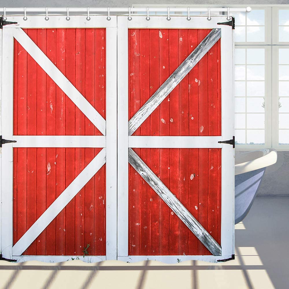 Red Barn Door Shower Curtain Rustic Farmhouse Bathroom Western Farm
