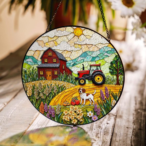 Red Barn Farm Dog Glass Suncatcher, Tractor Scene Dad Gift, 3.5 in