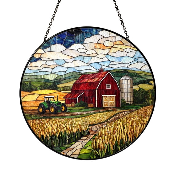 Red Barn Farm Stained Glass Style Suncatcher Window Hanging Decor, Farm Landscape Decorative Glass Panel Art with Tractor Scene for Rustic Window Decoration