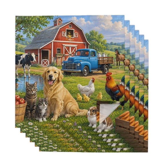 Red Barn Farmhouse Cloth Napkins, Blue Truck Rooster Washable and ...