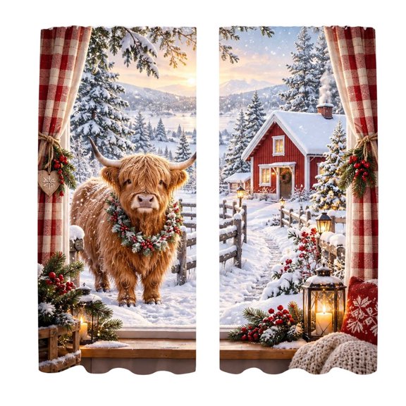 Red Barn Highland Cow Christmas Curtains 2 Panels, Plaid Frame Window Drapes with Wreath Cow, Snowy Farm and Lantern