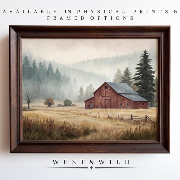 Red Barn In A Field Art Farm Landscape Wall Arts Art With Barns American Farm Artwork, Unframed Paper Print