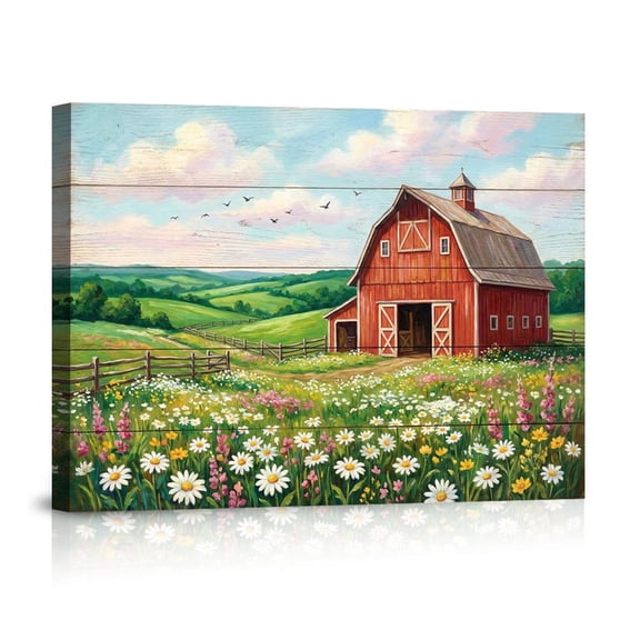 Red Barn In Wildflower Field At Sunny Countryside Rustic Farm Life Peaceful Rural Landscape For Home Canvas