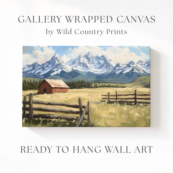 Red Barn Mountain Western Ranch Wall Art Rocky Summer Landscape Print Golden Meadow Scene Living Room Farmhouse Decor Unframed Paper Print