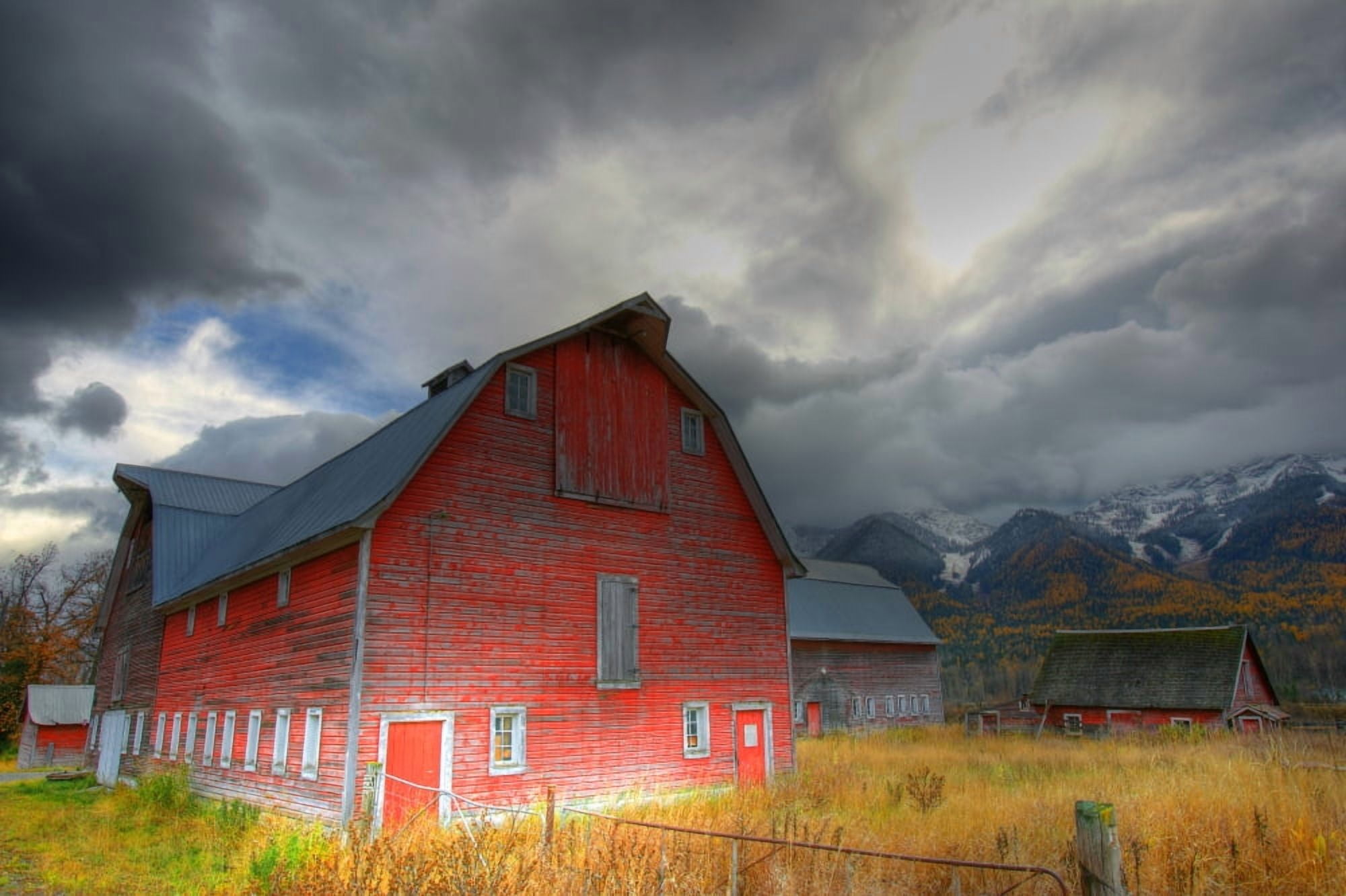 Red Barn Mt Fernie In The Background Outside Of Fernie British Columbia Canvas Art - Robert Postma Design Pics (34 x 22)