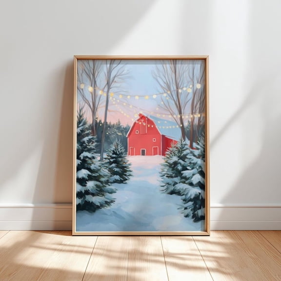Red Barn Poster, Snowy Farmhouse Landscape, Unframed Poster Size 8x12