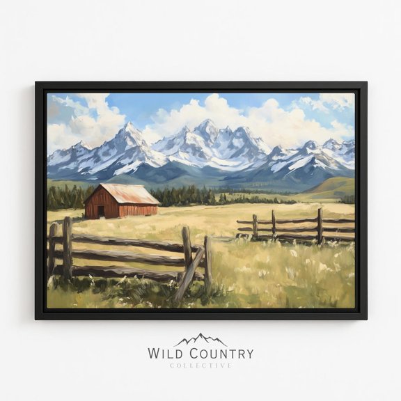 Red Barn Rocky Mountain Ranch Golden Meadow Snow Peaks Western Poster