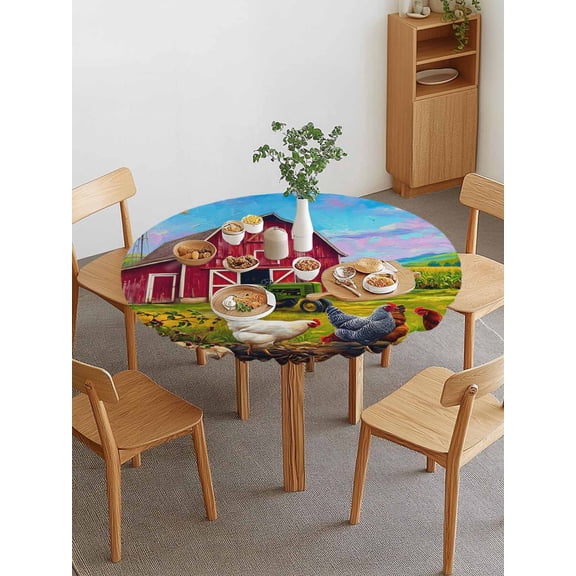 Red Barn Round Fitted Tablecloth with Elastic Edge, Chickens Rooster Windmill Farmhouse Sunflowers Rustic Waterproof Stretch Table Covers for 36"-44" Tables Wipeable Table Cloth for Outdoor