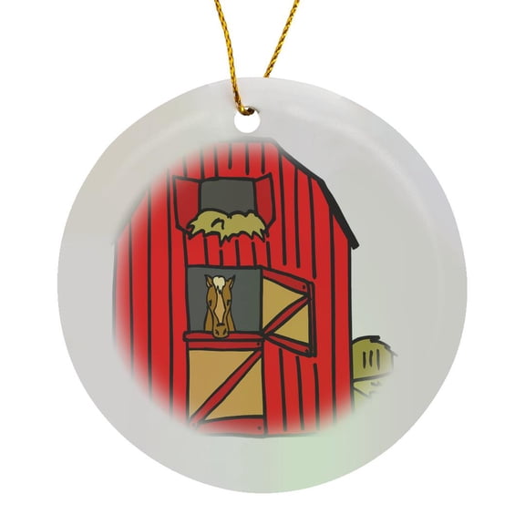 3drose, Red Barn Scene, Circle Porcelain Ornament