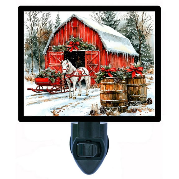 Red Barn Sleigh Ride Night Light Winter Horse and Sleigh Country Christmas Scene with Free Switchable Insert