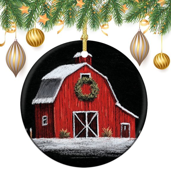 Red Barn with Snow Ornament Farmhouse Decor Gifts for Women Customized Round Ceramic Ornament Collectible Present Gift Xmas Tree Decoration Ornament Xmas Present