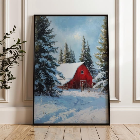 Red Barn Snowy Winter Landscape Decor Wall Art