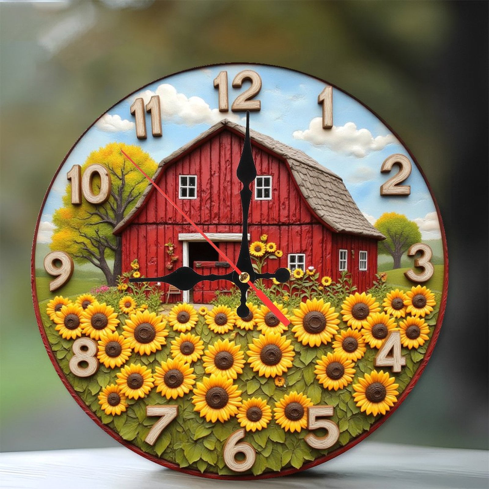 Red Barn Sunflower Clock Wall Decor Farmhouse Rustic 10-Inch Silent ...