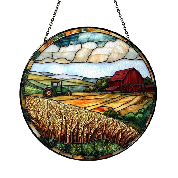 Red Barn Tractor Farm Scene Stained Glass Suncatcher – Window Decor2101