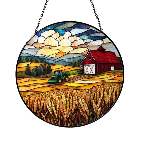 Red Barn Tractor Landscape Stained Glass Style Window Art, Rustic Farm Home Accent