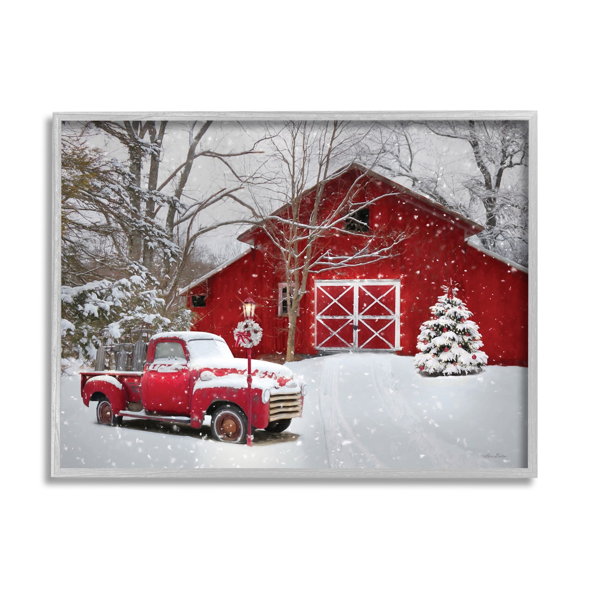 Red Barn & Truck Powdery Snow Rural Scenery Transportation Painting Framed Art Print Wall Art