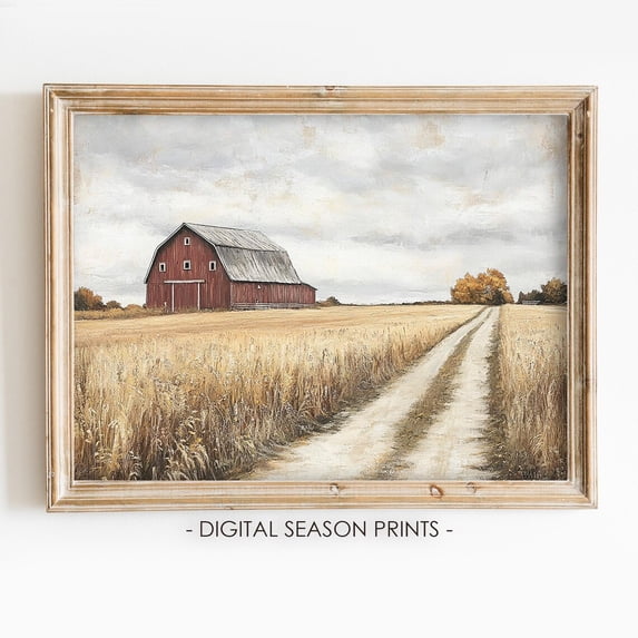 Red Barn Wheat Field Landscape Wall Art, Autumn Farmhouse, Vintage ...