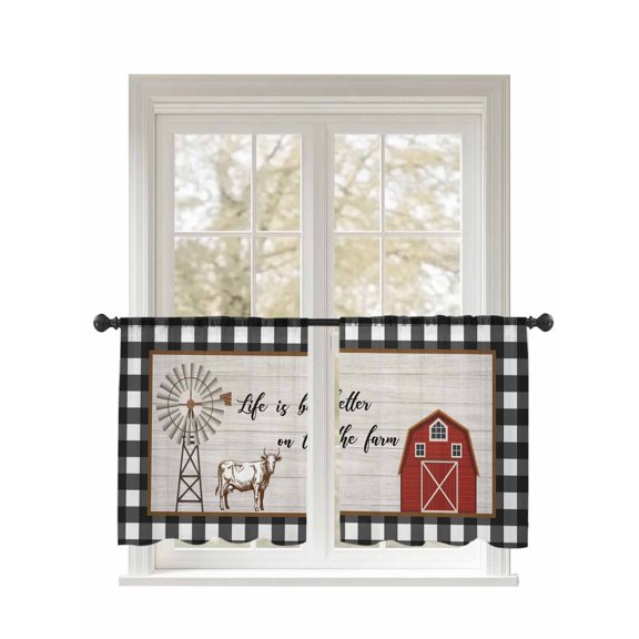 Red Barn Windmill Sheer Curtains 2 Panels Set Farm Cattle Wood Grain White Black Plaid Lihgt Filtering Rod Pocket Voile Drape, Semi Sheer Window Curtains for Bedroom Living Room, 52"x54"