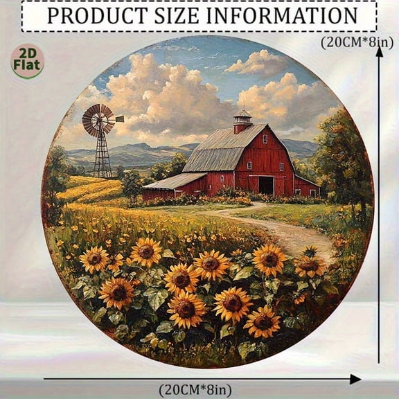 Red Barn with Windmill & Sunflower Field Round Aluminum Sign, Rustic Farmhouse Wall Decor, 1pc, 8" Wall Art Metal Sign, For Kitchen, Door, Room, Bathroom, Ideal Gift, Weather Resistant, 2D Flat
