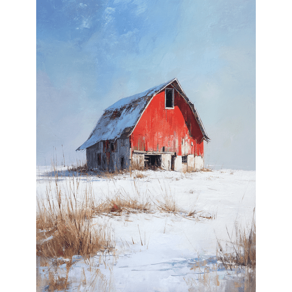 Red Barn Winter Landscape Oil Painting Canvas Print, Perfect for Living Room, Office, Farmhouse, Rustic Home