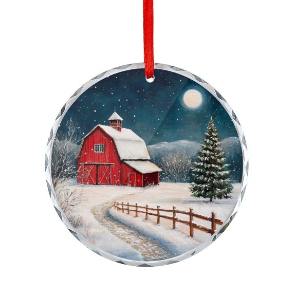 Red Barn in A Winter Snow Scene Glass Christmas Ornament Winter Holiday Decor Holiday Ornaments Hanging Craft Collectibles for Xmas Trees Home Party Gifts