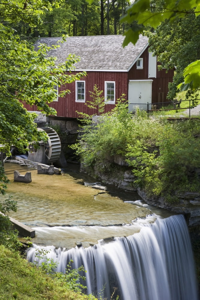 Red Barn With A Mill Wheel And Waterfall Thorold Ontario Canada Canvas Art - Michael Interisano Design Pics (13 x 20)