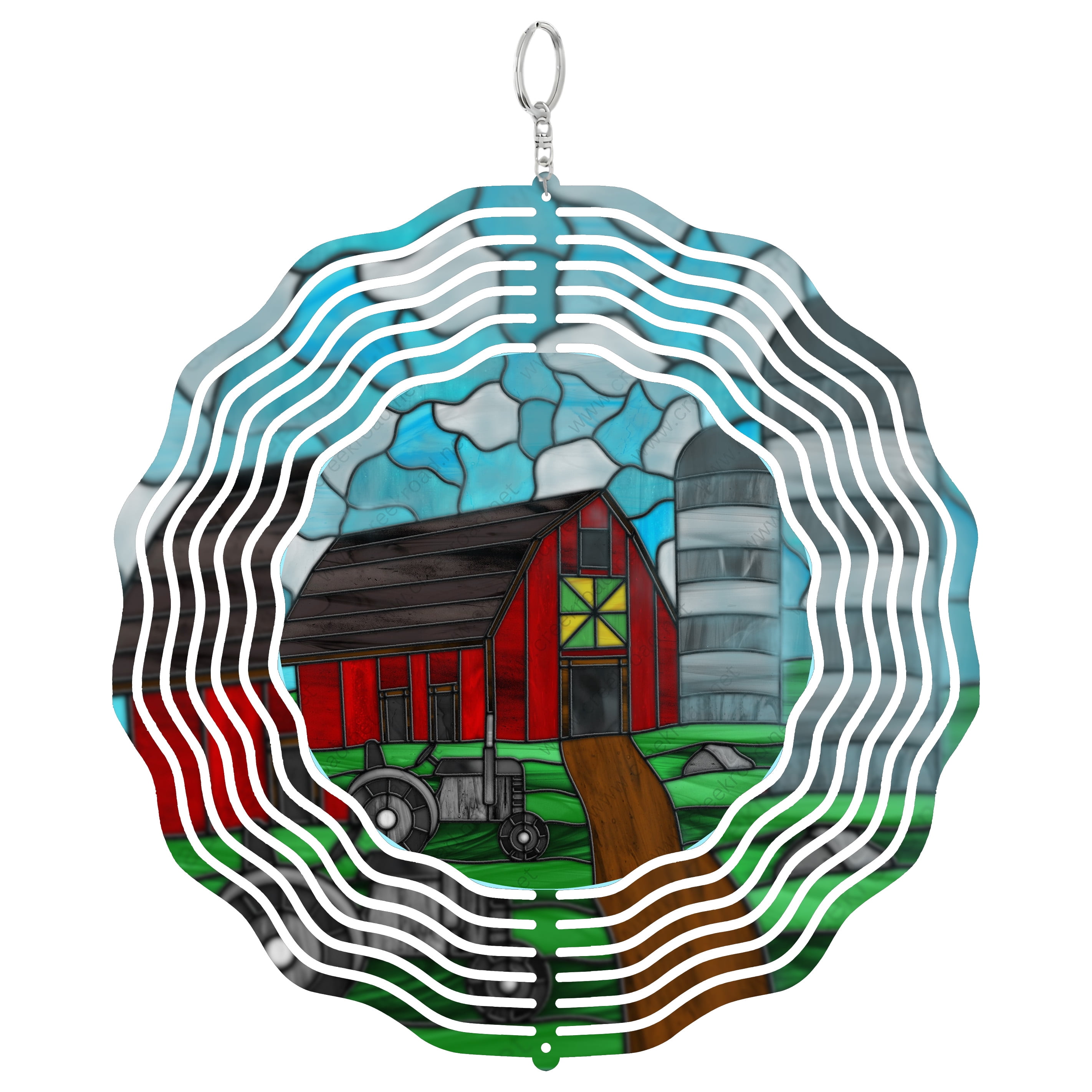 Kinetic Country Red Barn With Silo Tractor Farm Scenery 3D Wind Spinner, Stainless ...