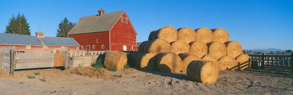 Red Barn and Haystacks Idaho Falls Idaho Canvas Art - Panoramic Images (27 x 9)